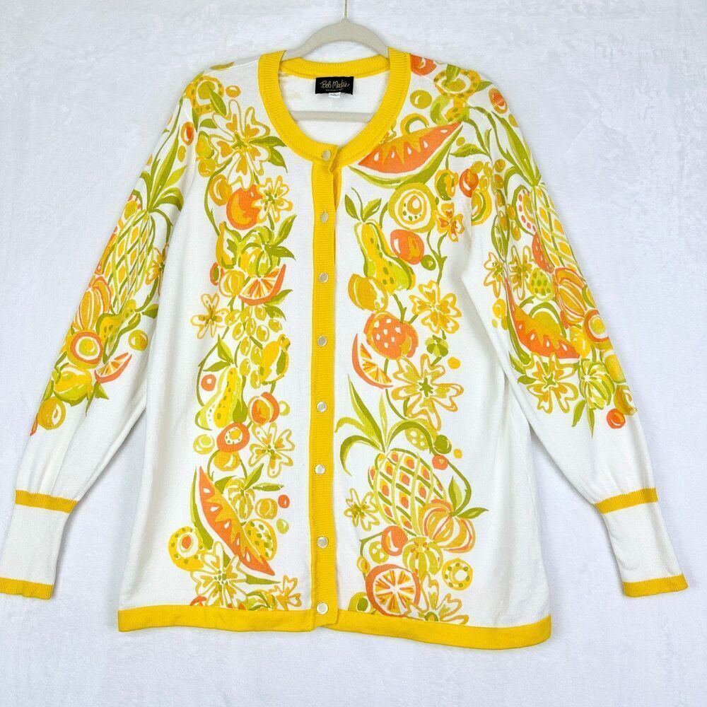 Bob Mackie Summer Harvest Button Front Cardigan Size Large Floral Fruit Art